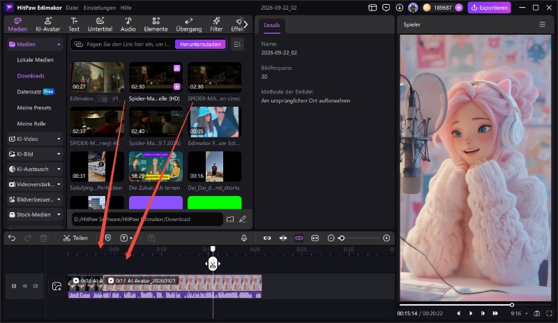MP4-Clips auf der Timeline von HitPaw Edimakor anordnen