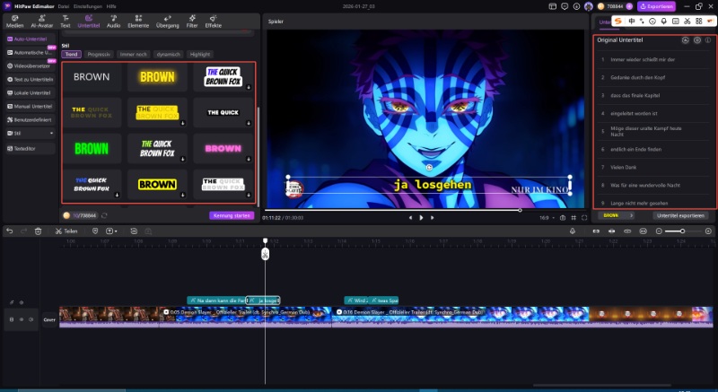 Fertiges Tanzvideo mit Untertiteln exportieren