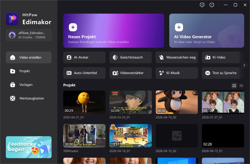 HitPaw Edimakor Oberfläche – neues Projekt für KI-Video erstellen