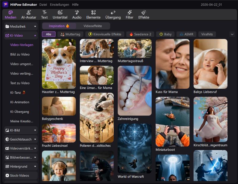 KI-Video Funktionen in Edimakor – Auswahl verschiedener KI-Tools und Bearbeitungsoptionen