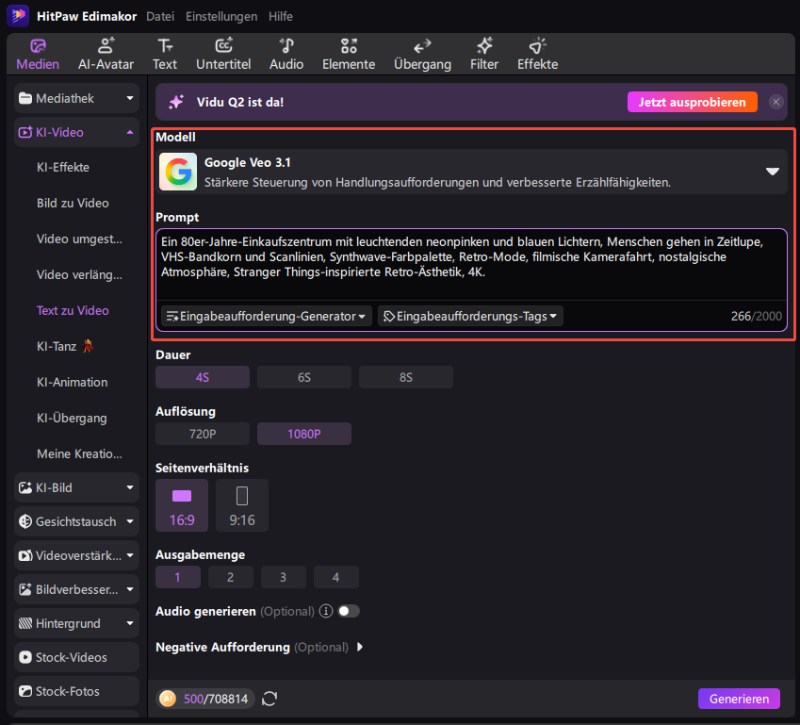 Videoauflösung, Dauer und Seitenverhältnis für KI-Video einstellen