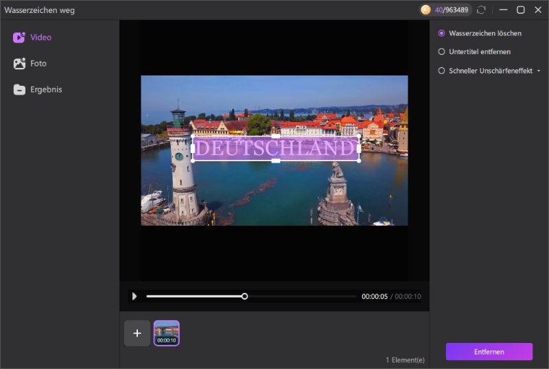 Auswahlbereich über dem unerwünschten Logo im Videobearbeitungsfenster platzieren