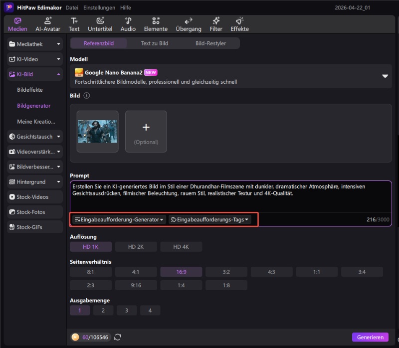 Eingabe von Dhurandhar AI Prompt für filmischen Look in Edimakor