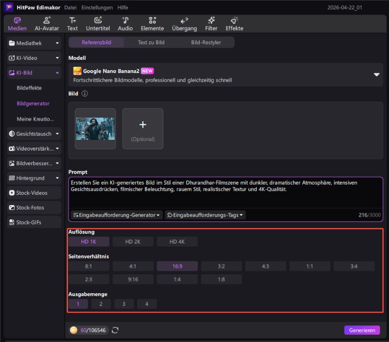 KI Bildgenerierung Einstellungen und Rendering Prozess in Edimakor Dhurandhar Stil