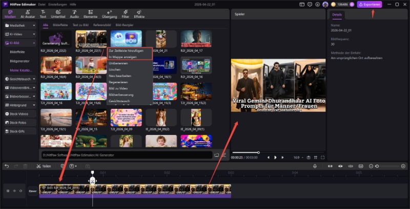 Vorschau und Export eines Dhurandhar KI-generierten Bildes in Edimakor