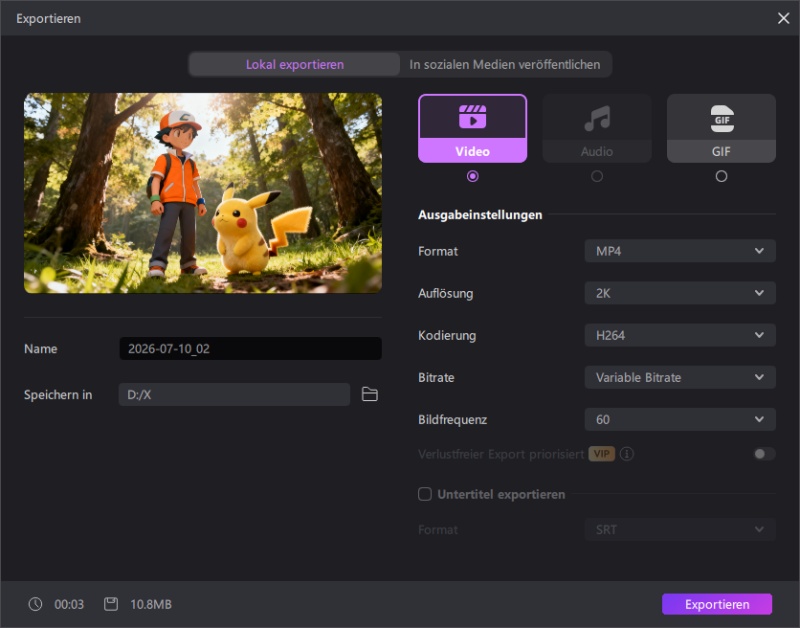 Exportieren des fertigen Projekts als GIF oder MP4-Videodatei