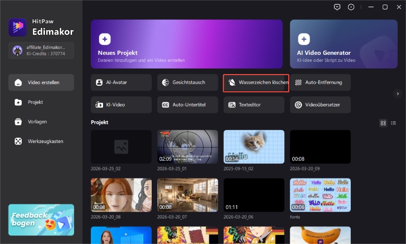 Edimakor starten und Wasserzeichen-Modul öffnen