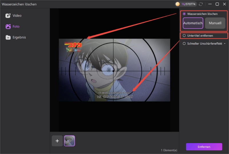 Video oder Bild importieren und Entfernen-Typ wählen