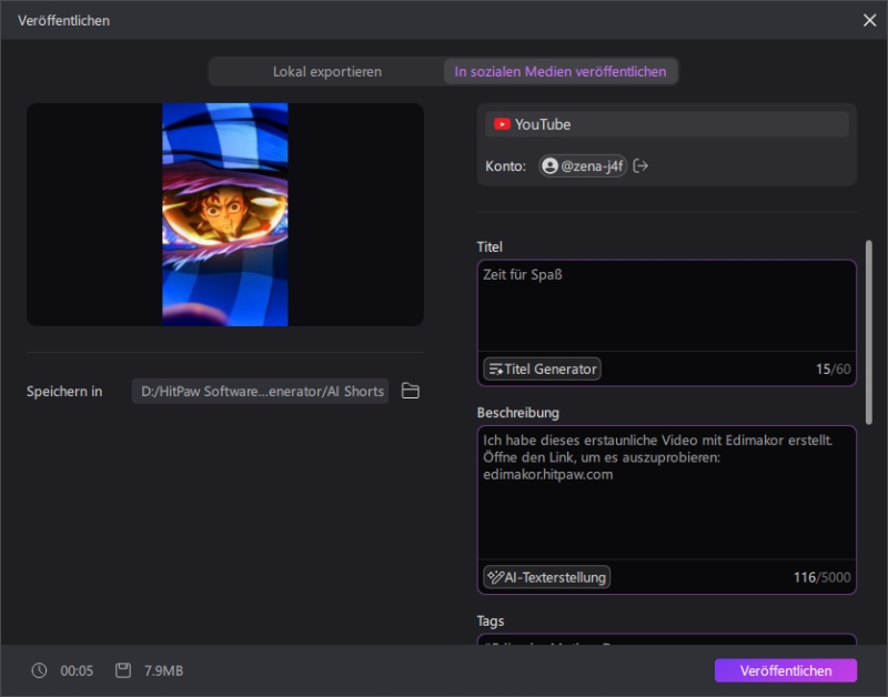 Export fertiger Shorts Videos – Upload direkt auf TikTok YouTube und Social Media