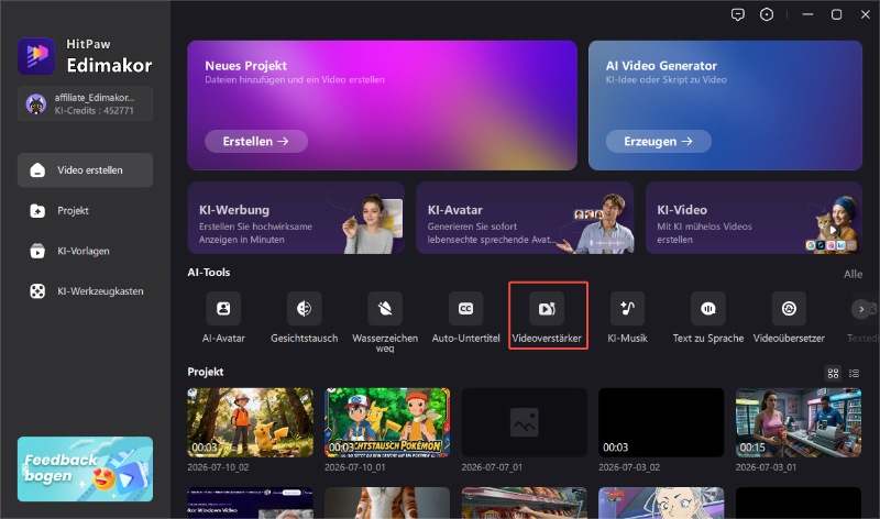 Starten des Video Enhancer Features in HitPaw Edimakor