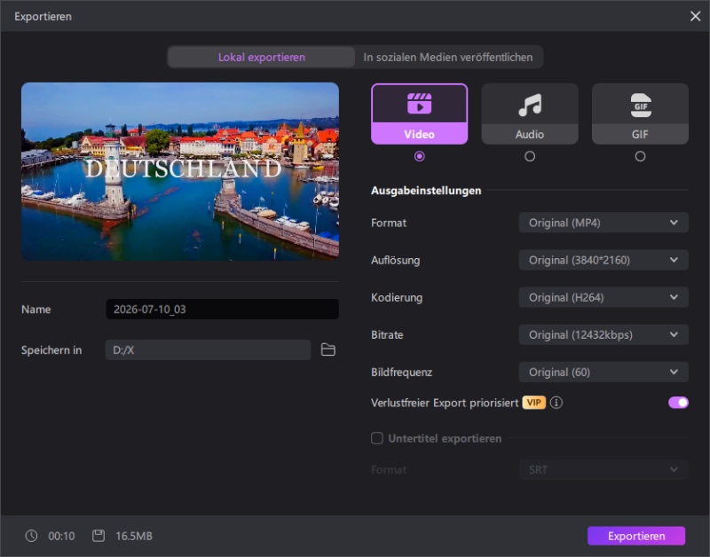 Vorschau des Videos und anschließender Export auf die Festplatte