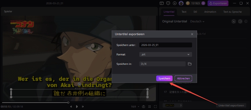 Untertitel exportieren für TikTok Übersetzung als Datei speichern