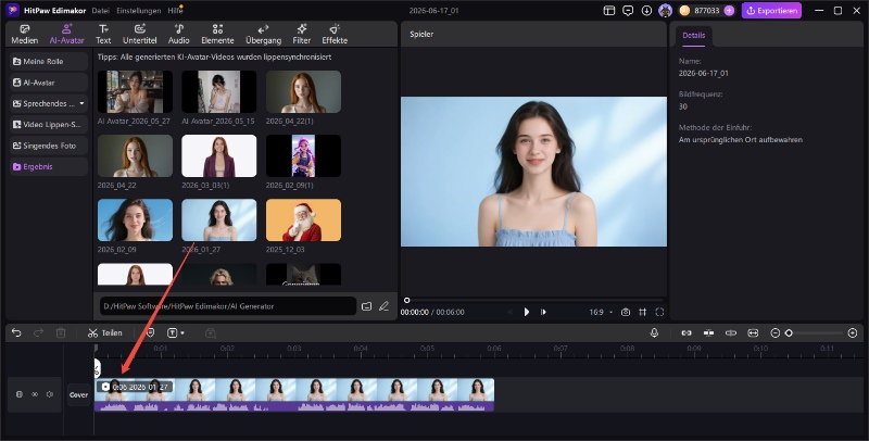Vorschau des fertig berechneten Lip-Sync-Videos vor dem finalen Datei-Export