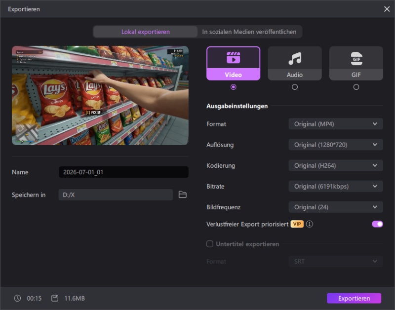 Exportieren des fertig berechneten KI-Videos im MP4-Format