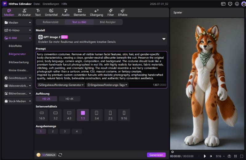 Auswahl des KI-Bildgenerators in der linken Funktionsleiste des Editors