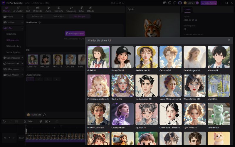 Auswahl eines visuellen Zeichenstils wie Anime oder 3D in den Software-Optionen