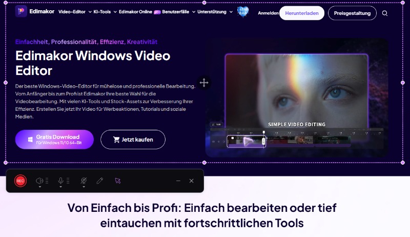 Festlegen des Aufnahmebereichs auf dem Desktop und Starten der Aufzeichnung