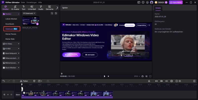 Bearbeiten und Schneiden des aufgenommenen Videos auf der Timeline vor dem Export