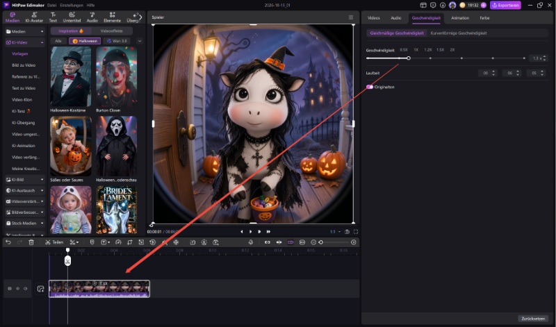 auf der Zeitleiste von HitPaw Edimakor gekürzter Halloween-Clip