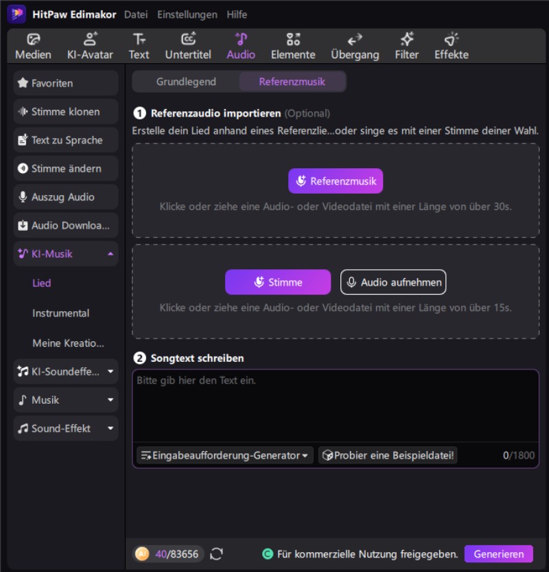 Referenz-Audio für personalisierte Songs in den KI-Musikgenerator hochladen