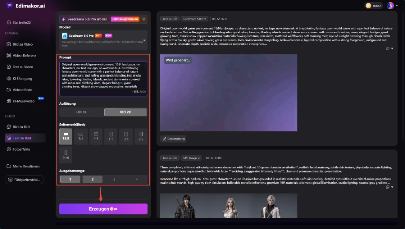 Seedream 5.0 Pro Prompt eingeben und Bildeinstellungen anpassen