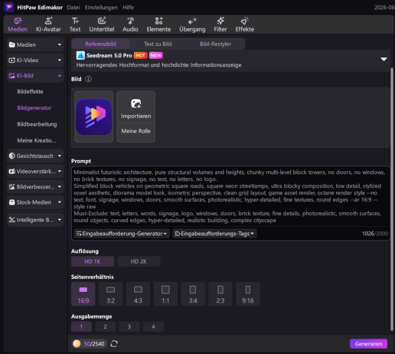 Seedream 5.0 Pro-Prompt in HitPaw Edimakor eingeben