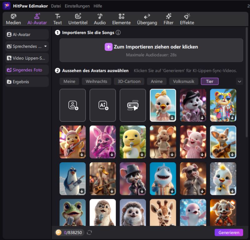 DreamFace Effekt auswählen und Video generieren