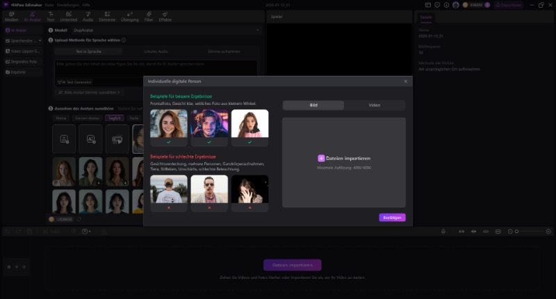 KI-Avatar auswählen oder anpassen mit Edimakor