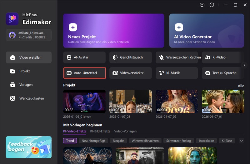 Edimakor Interface – Projekt starten