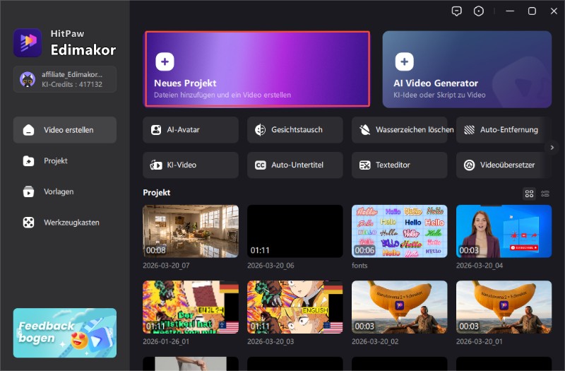 Video Editor starten und Projekt erstellen Edimakor