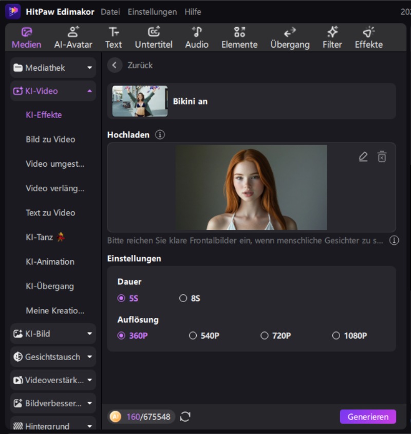 Bild in KI Bikini Video umwandeln – AI Bikini Video Generator mit Edimakor