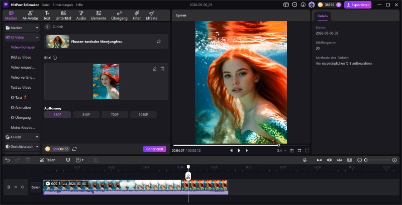 Bild importieren und Videoauflösung für den AI Mermaid Filter auswählen