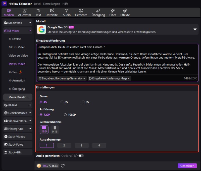 Kling AI Alternative – Videoeinstellungen (Länge, Seitenverhältnis, Originalität)