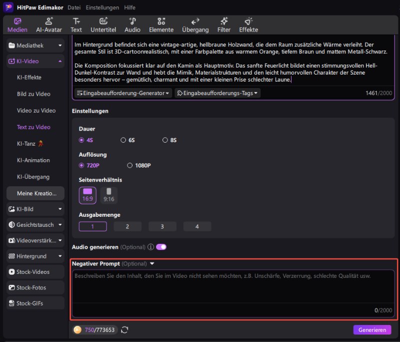Kling AI Alternative – Negativer Prompt zum Ausschließen unerwünschter Elemente