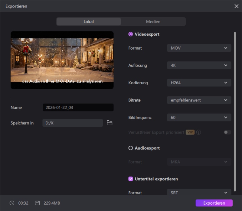 MKV-Untertiteldatei exportieren – Formatauswahl und Speicherort festlegen