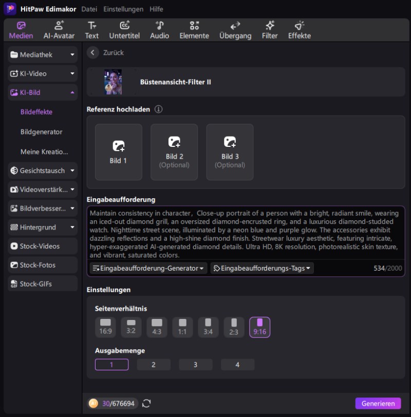 Bild importieren und Bust Down Effekt generieren – KI-Bildbearbeitung mit Edimakor
