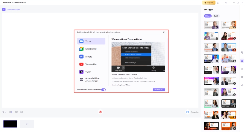 OBS Virtual Camera in Discord auswählen und Livestream starten