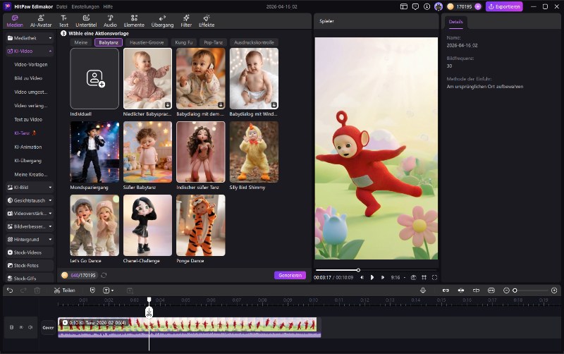 Videoeinstellungen für tanzende Babys AI Video erstellen