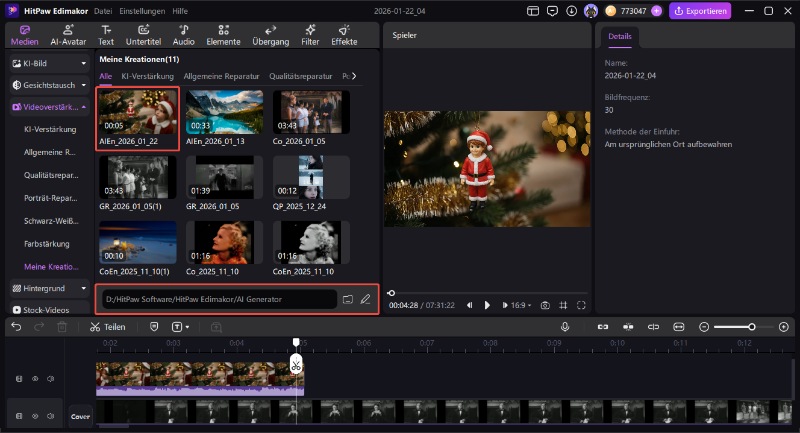 Video-Vorschau und Export – Abschnitt Meine Kreationen