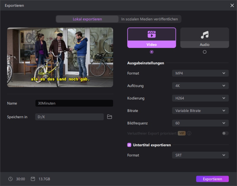 Video exportieren mit Untertiteln – ideal zum Lernen wie bei englischen Filmen mit deutschen Untertiteln auf YouTube
