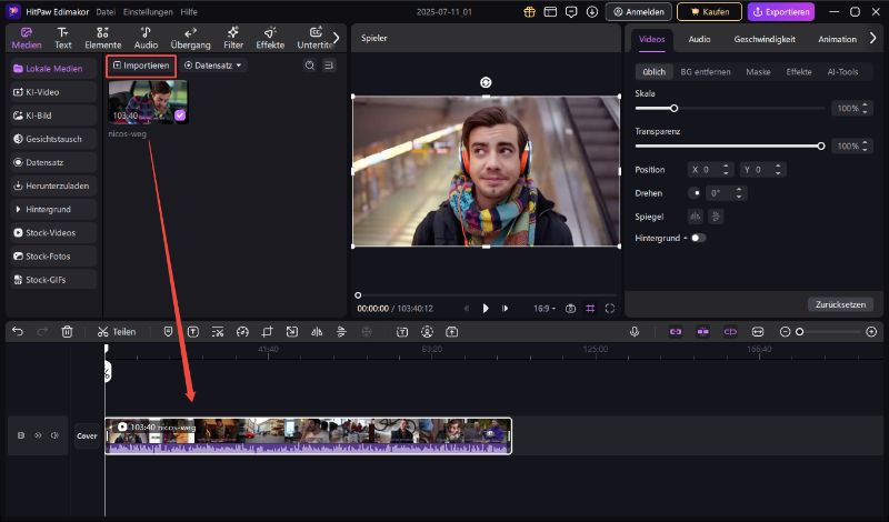 Video importieren und in die Timeline ziehen
