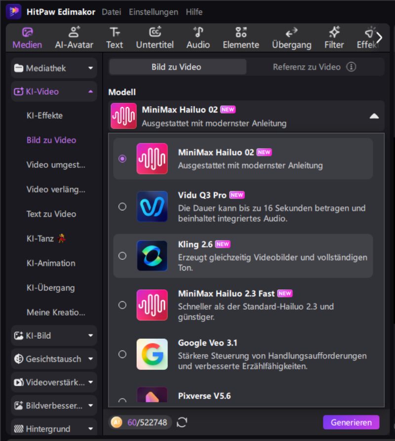 Chicken Banana Bild zu Video KI Modell Auswahl in Edimakor