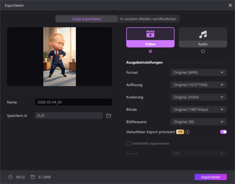 Chicken Banana KI Video Beispiel für Social Media Veröffentlichung