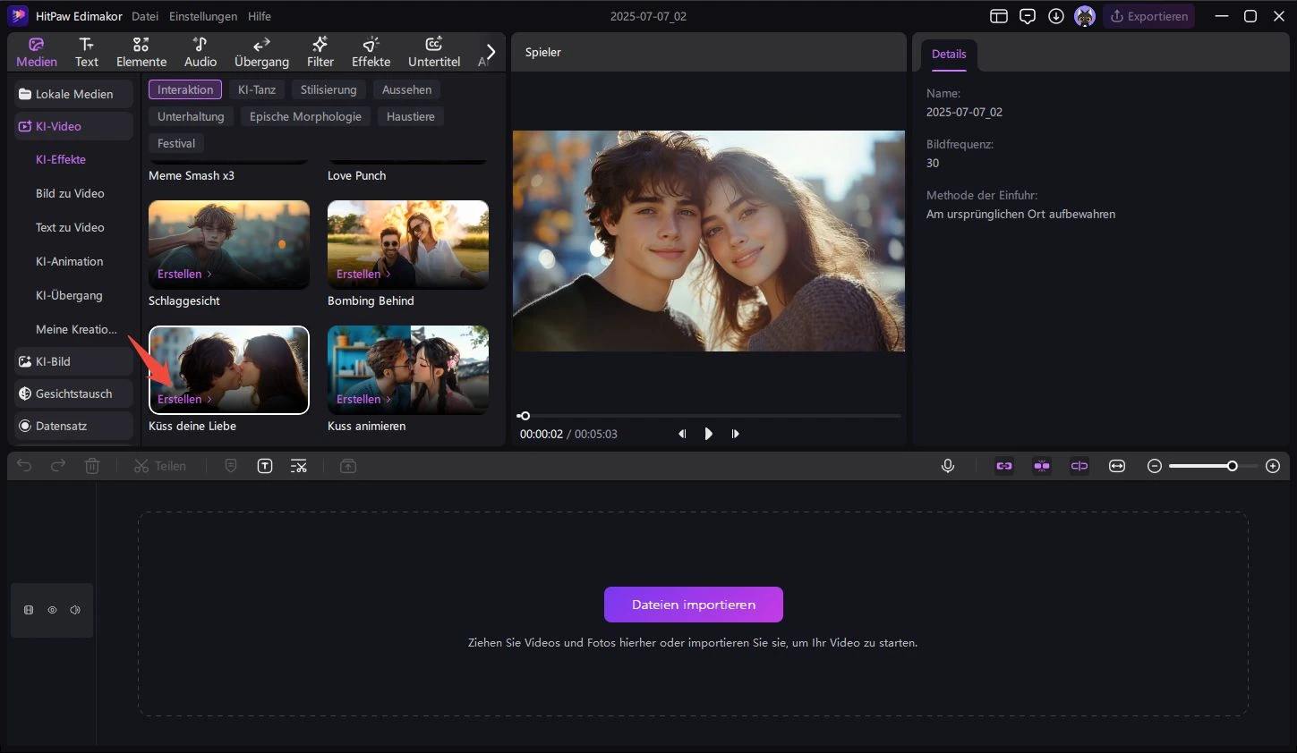 Wählen Sie KI Kuss-Video-Vorlage in Edimakor