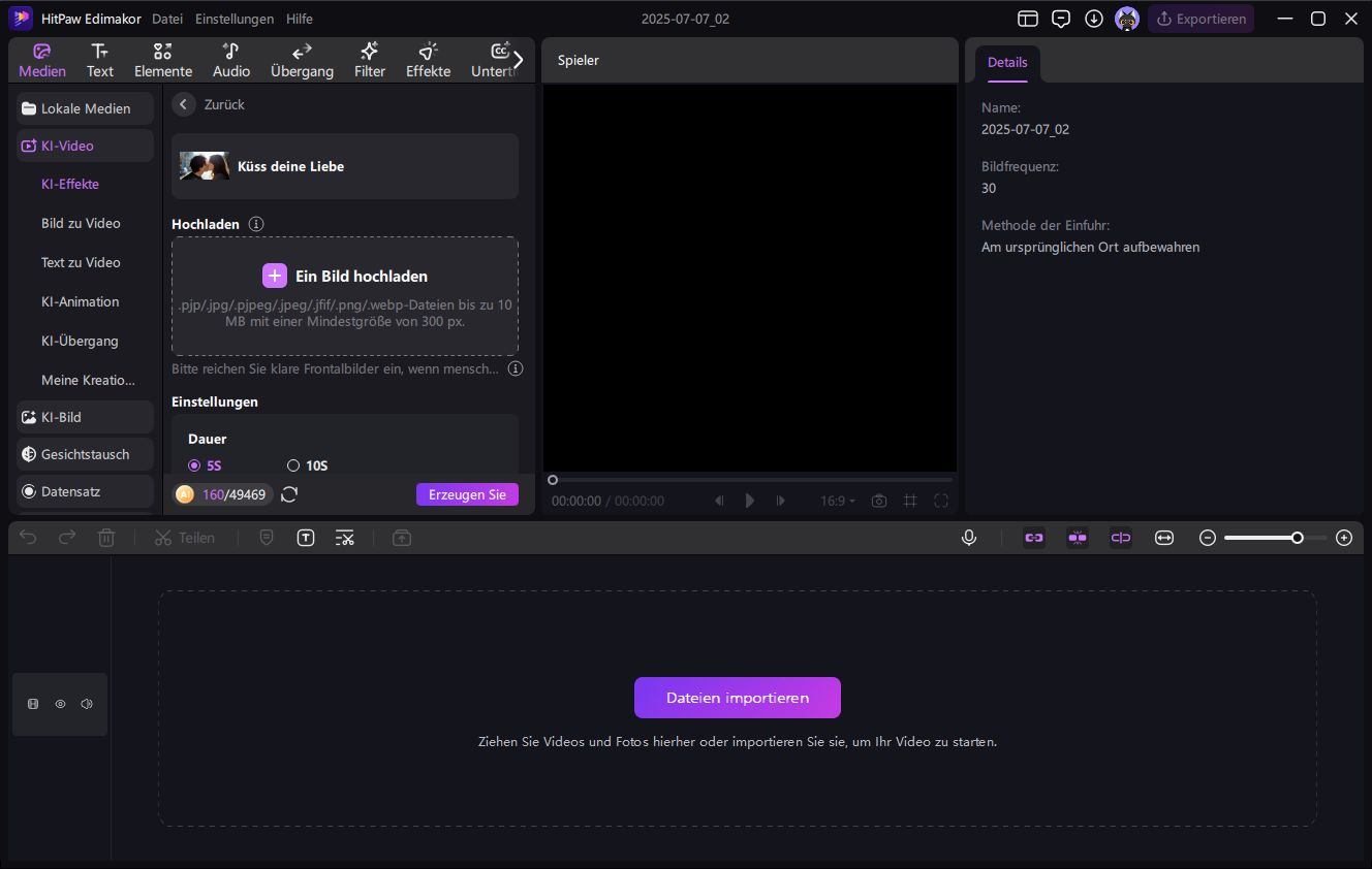 Bild hochladen, um ein KI-Kuss-Video mit Edimakor zu erstellen