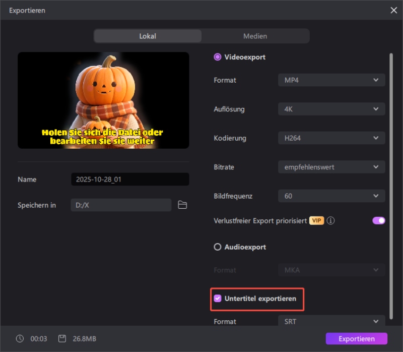 edimakor Video mit Untertiteln speichern