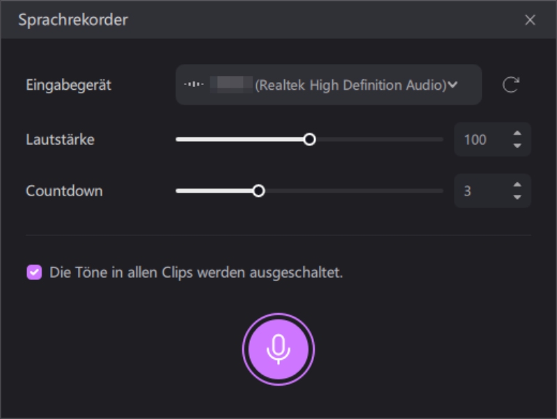 Echofreie Audioaufnahme starten in Edimakor