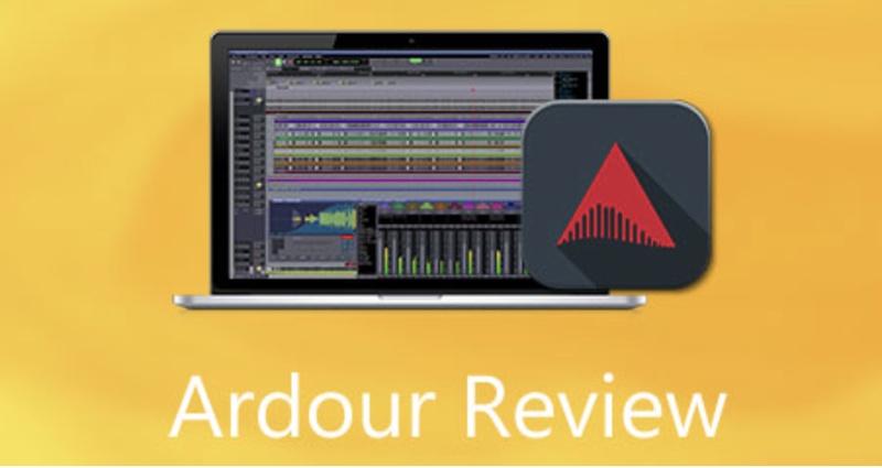 digital audio workstation program Ardour Benutzeroberfläche auf Laptop mit Mehrspuransicht und Mischpult