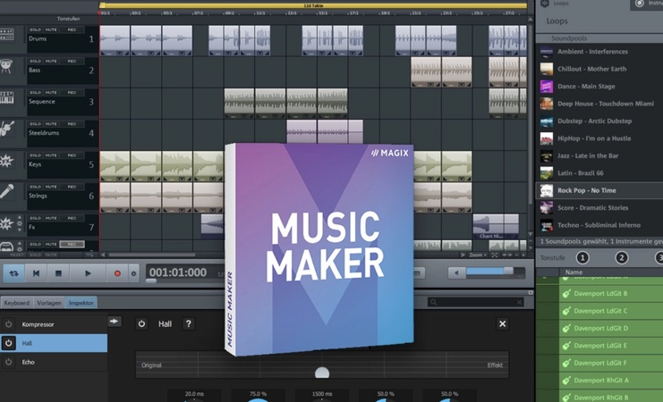 digital audio workstation program Magix Music Maker Benutzeroberfläche mit Spuren, Loops und Soundpools