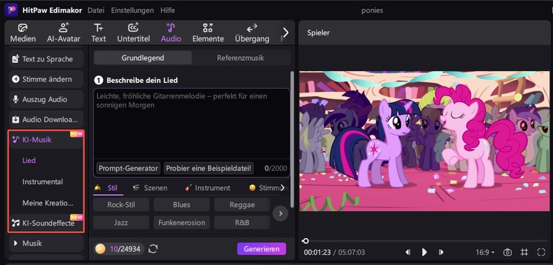 Edimakor KI Musik Tool – Benutzeroberfläche zum Musik schneiden, KI-Musik generieren und Audiodateien kostenlos bearbeiten